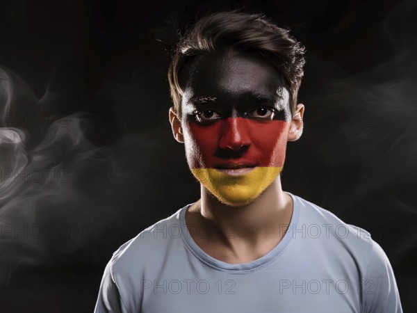 A man with a German flag painted on his face. The man is wearing a blue shirt. The image has a dark mood and is somewhat surreal, AI generated