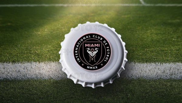 Bottle cap featuring the Inter Miami logo placed on a football field, symbolizing team loyalty and passion for the sport in a creative and stylish presentation, AI generated
