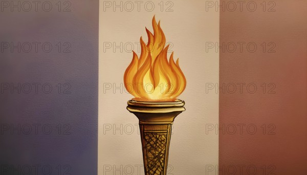 A drawing of a torch with a flame on top of a cone. The drawing is in a foreign language and has a blue background. paris 2024 olympic games, AI generated