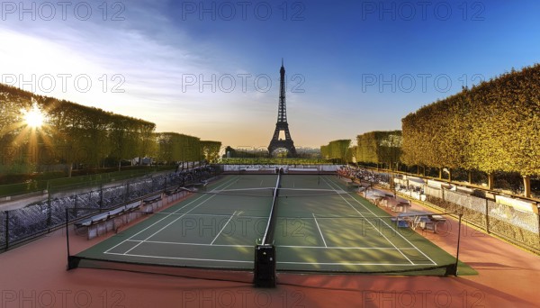 Tennis courts bathed in sunlight with the Eiffel Tower in the background, symbolizing the Paris 2024 Olympics. The scene captures the beauty of Paris and the excitement of the games, AI generated