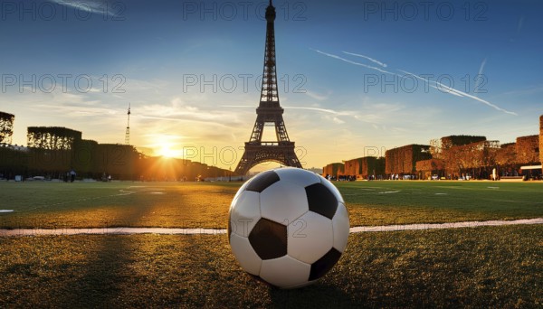 A soccer ball sits on a field with the Eiffel Tower in the background during sunset, representing the Paris 2024 Olympics. The scene captures the beauty of Paris and the spirit of sports, AI generated