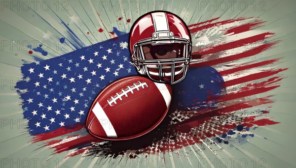 American football helmet and ball celebrating super bowl with grunge usa flag background, AI generated