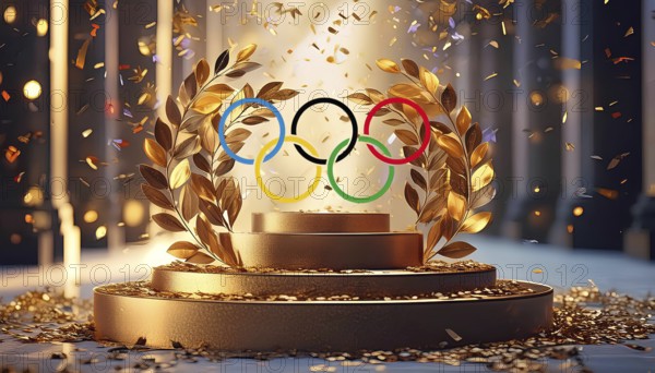 Award ceremony of the Olympic Games.Wallpaper of a trophy with the logo of the Olympic games, AI generated