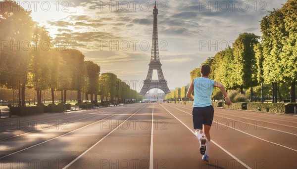 A runner on a track near the Eiffel Tower in Paris, capturing the spirit of the 2024 Olympic Games with a scenic backdrop, AI generated