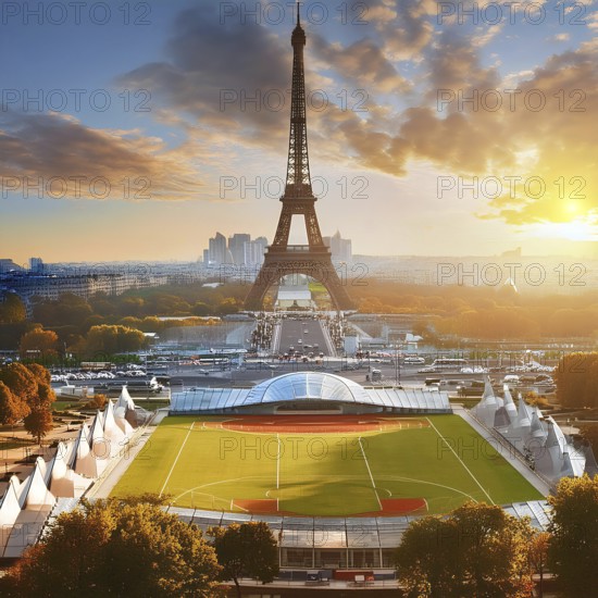 A large green field with a stadium in the background. The stadium is surrounded by trees and buildings, and the sun is setting in the distance, AI generated