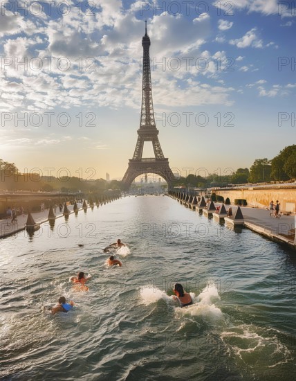 A group of people swim in a waterway near the Eiffel Tower in Paris. The sky is partly cloudy, and the sun casts a warm glow on the scene, highlighting the iconic landmark, AI generated