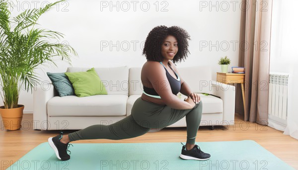 A woman is doing a yoga pose on a mat in a living room. She is wearing a green top and green pants, AI generated