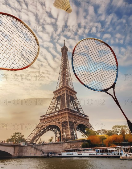 Two tennis rackets are in the air above the Eiffel Tower. The sky is cloudy and the sun is setting, AI generated