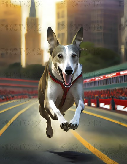A grey and white dog is running on a track. The dog is wearing a red harness and is smiling. Concept of joy and excitement as the dog runs, AI generated