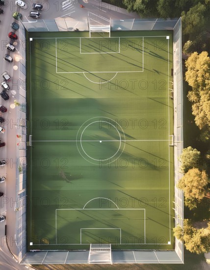 A soccer field with a green surface and white lines. The field is surrounded by a fence and trees, AI generated