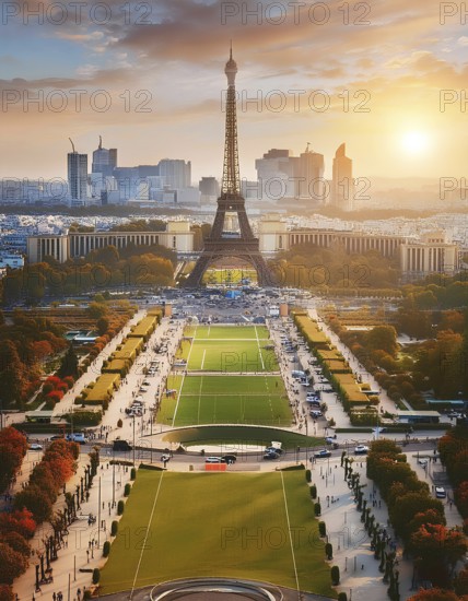 The city of Paris is shown in the distance with the Eiffel Tower towering over the city. The sun is setting, casting a warm glow over the city. Concept of beauty and wonder, AI generated