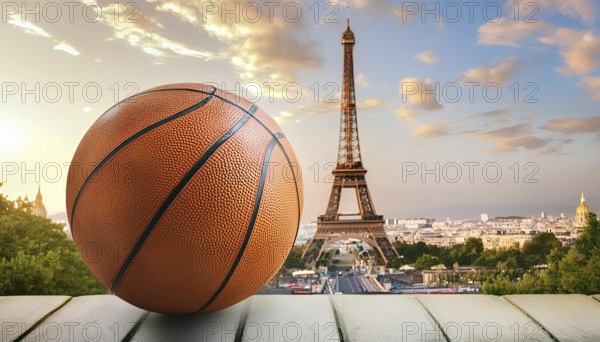 Sports of the Olympic Games. Basketball. A close-up of a basketball placed on a ledge with the iconic Eiffel Tower in the background during sunset, Paris, AI generated
