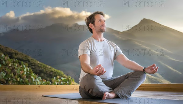 A man is sitting on a mat in front of a mountain. He is meditating and looking up at the sky, AI generated