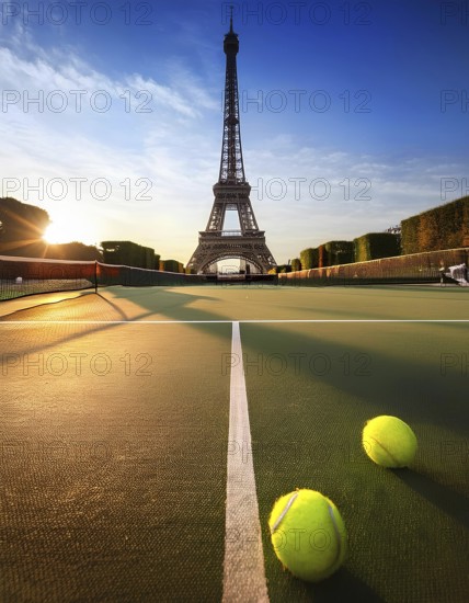 A tennis court with tennis balls and the Eiffel Tower in the background during sunset, symbolizing the Paris 2024 Olympics. The scene captures the beauty of Paris and the excitement of the games, AI generated