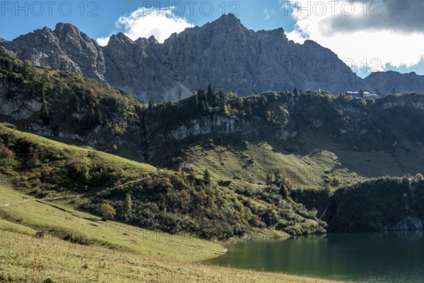 Traualpsee, in the back of Lachenspitze, Allgäu Alps, Tannheim, Tyrol, Austria
