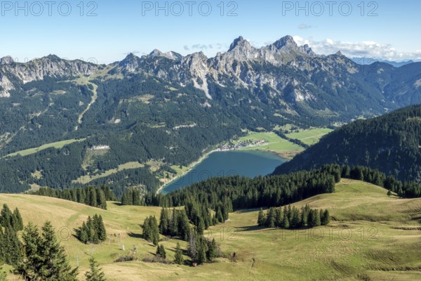 View from Neunerköpfle of Haldensee with Haller, Tannheimer Berge, Schartschrofen and Rote Flüh behind, Tannheimer Tal, Allgäu Alps, Tyrol, Austria