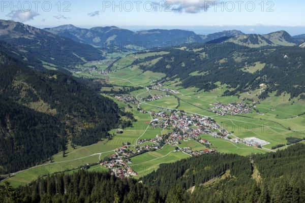 View from the Neunerköpflebahn of Tannheim and the Tannheimer Valley, Allgäu Alps, Tyrol, Austria