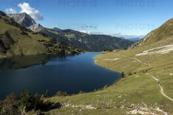 Traualpsee, right hiking trail to Obere Traualpe, Allgäu Alps, Tannheim, Tyrol, Austria