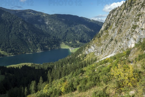 View of Vilsalpsee, Allgäu Alps, Tannheim, Tannheimer Tal, Tyrol, Austria