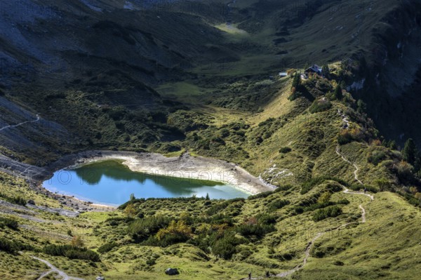 Lache See, top right Landsberger Hütte, Tannheimer Mountains, Allgäu Alps, Tannheimer Valley, Tyrol, Austria