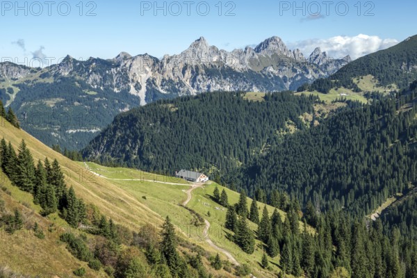 View from the Saalfelder Höhenweg to Schartschrofen and Rote Flüh, center of Usseralpe, Tannheimer Valley, Allgäu Alps, Tyrol, Austria