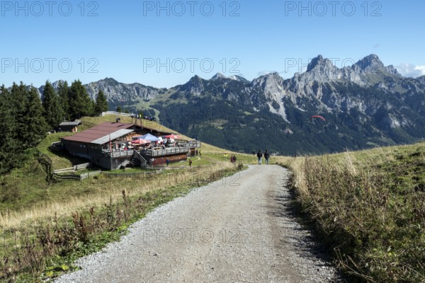 Hiking trail to Gundhütte am Neuerköpfle, Tannheimer Berge, Schartschrofen and Rote Flüh behind, Tannheimer Tal, Allgäu Alps, Tyrol, Austria