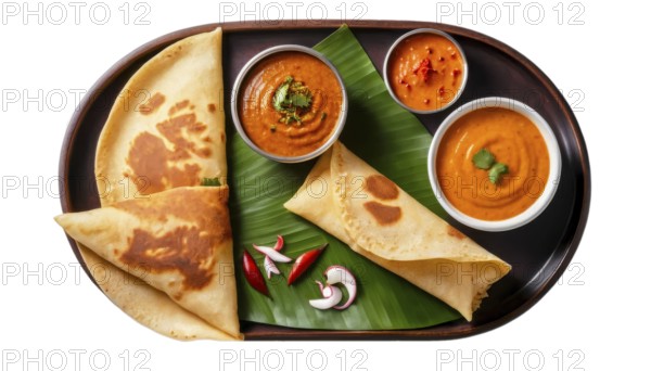This overhead shot showcases a traditional South Indian breakfast of dosa, sambar, and chutney, ready to be enjoyed, AI generated