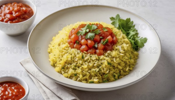 This vibrant dish features a bed of flavorful yellow rice topped with fresh diced tomatoes and herbs, ready to enjoy, AI generated