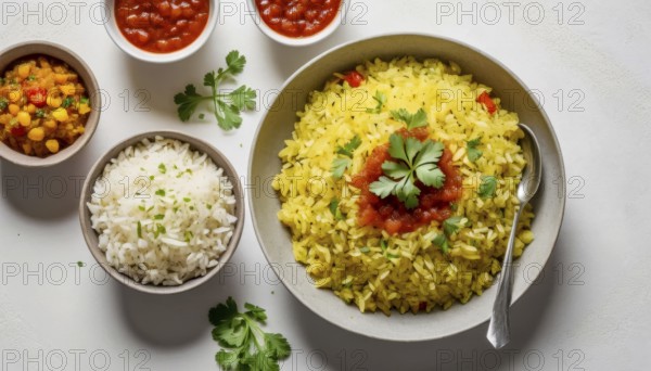 This vibrant image showcases a flavorful meal with rice, various sauces, and fresh herbs, perfect for culinary projects, AI generated