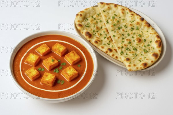 This image showcases a vibrant paneer butter masala dish, a popular Indian cuisine, served with fresh naan bread, AI generated