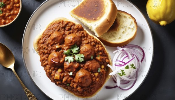 This flavorful dish features a rich, savory curry served with toasted bread and fresh red onions for added texture and taste, AI generated