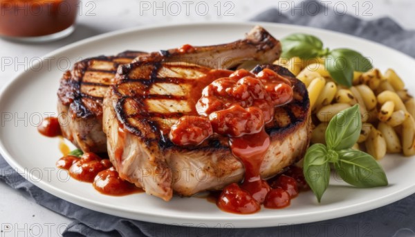 This delicious meal features perfectly grilled pork chops, a rich tomato sauce, and fresh basil for a flavorful experience, AI generated