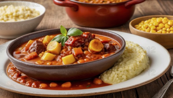 This delicious stew is served with a side of couscous and corn, perfect for a warm and comforting meal, AI generated