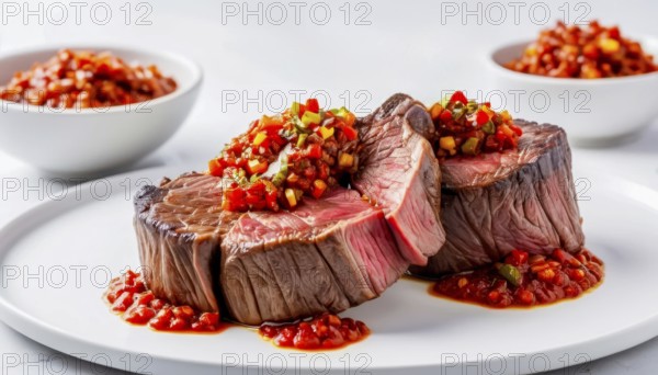 This mouthwatering dish features perfectly cooked steak topped with a colorful salsa, ready to be enjoyed, AI generated
