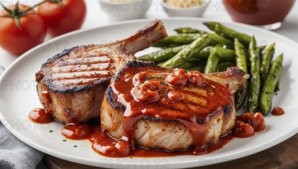 This image showcases a beautifully plated meal of grilled pork chops, vibrant tomato sauce, and fresh green beans, perfect for food-related content, AI generated
