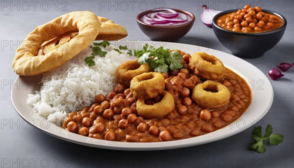 This vibrant image showcases a flavorful Indian Chole Bhature dish, perfect for culinary enthusiasts and food bloggers, AI generated