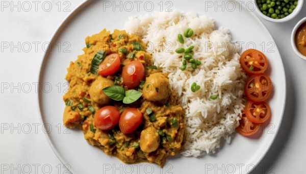 This vibrant dish features a flavorful curry, fluffy rice, and fresh tomato slices, perfect for a satisfying meal, AI generated