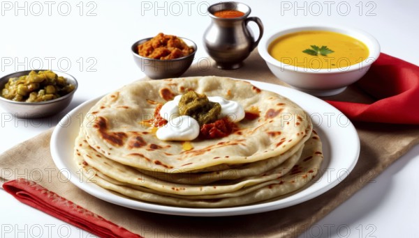 This image showcases a stack of paratha, a popular Indian flatbread, alongside a variety of flavorful accompaniments, AI generated