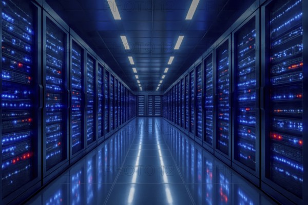 This image showcases a modern data center with rows of server racks, illuminated by blue lights, creating a futuristic atmosphere, AI generated