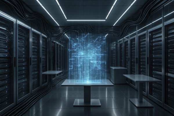 This image showcases a futuristic data center with server racks and a digital display, representing data flow, AI generated