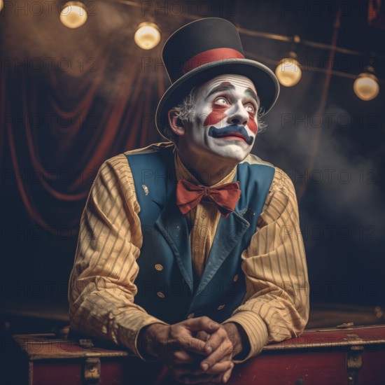 Tired clown after the end of the circus performance, AI generated