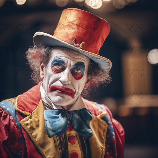 Clown in a frock coat and top hat preparing to perform, AI generated