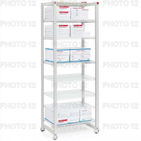 Medical rack for medicines, copy space, AI generated