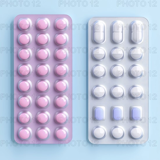 Pills in packages on a blue background, health care, AI generated