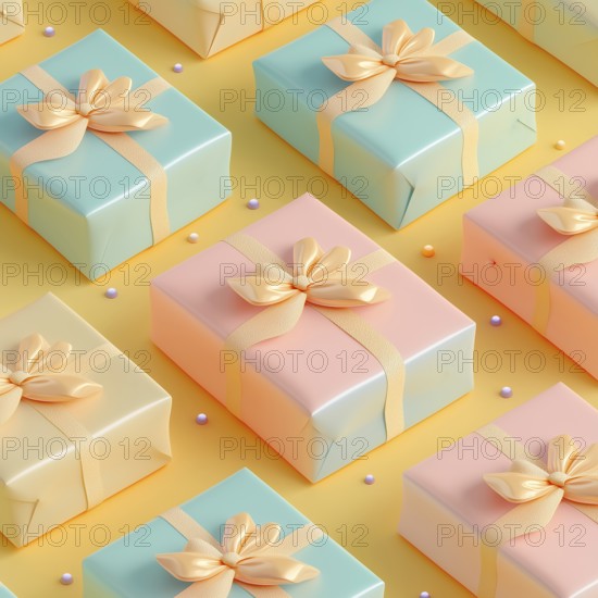 Gift boxes tied with ribbons, in pastel colors, AI generated