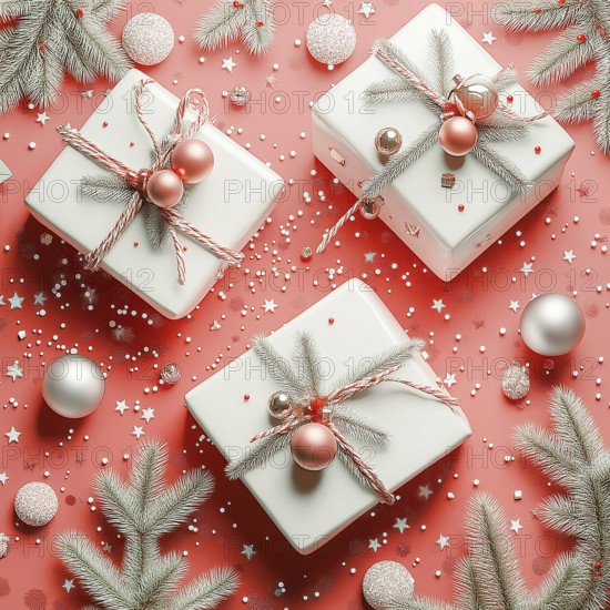 3D illustrations, Christmas gifts in white boxes, patterns, AI generated