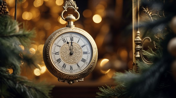 Vintage clock on New Year's bokeh background, copy space, AI generated