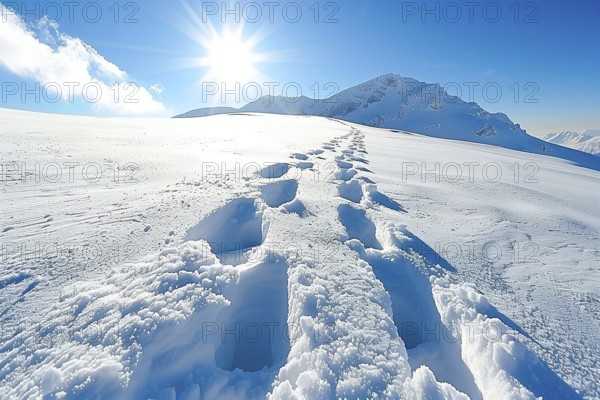 Footprints in the snow, a walk in the mountains in winter on a sunny day, AI generated
