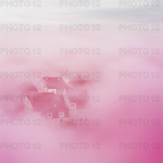 City ??in pink fog, top view, AI generated
