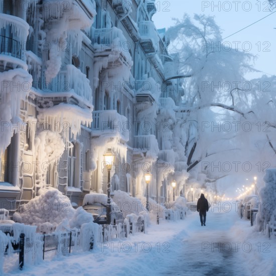 Icy balconies on buildings, extreme frosts in the city, AI generated
